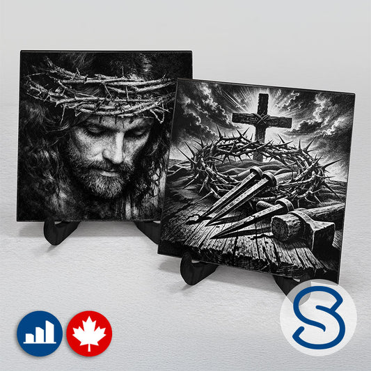 A two-piece ceramic tile set depicting elements of the Passion, rendered in a refined black-and-white engraving style
