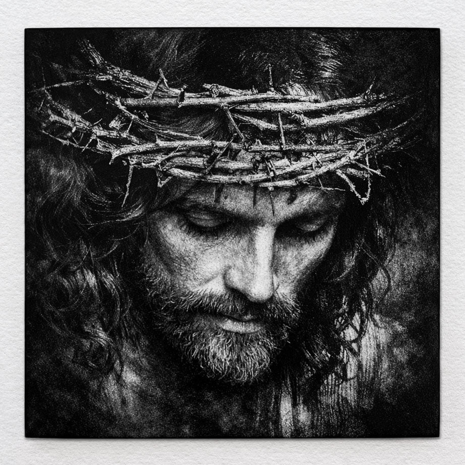 Black-and-white laser-etched portrait of Jesus with crown of thorns, gazing downward in solemn reflection on ceramic tile.