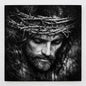 Black-and-white laser-etched portrait of Jesus with crown of thorns, gazing downward in solemn reflection on ceramic tile.