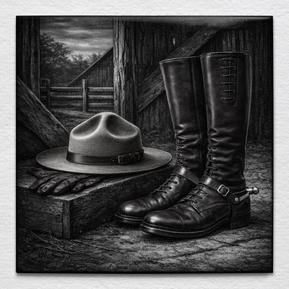 RCMP Stetson and polished parade boots resting together, symbolizing honour, tradition, and service.