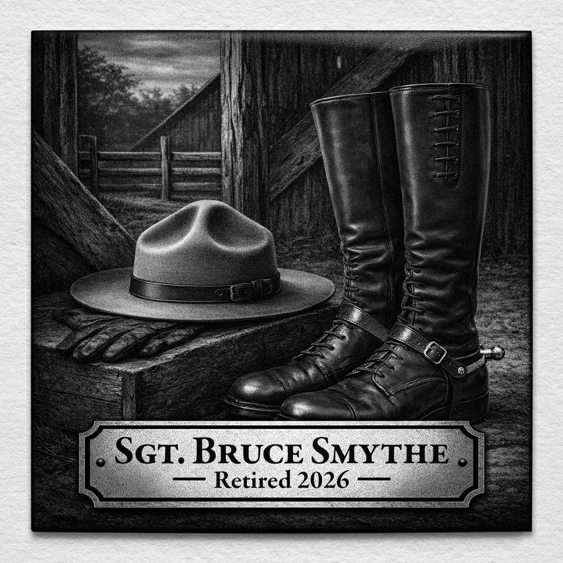 RCMP Stetson and polished parade boots resting together, symbolizing honour, tradition, and service with custom nameplate.